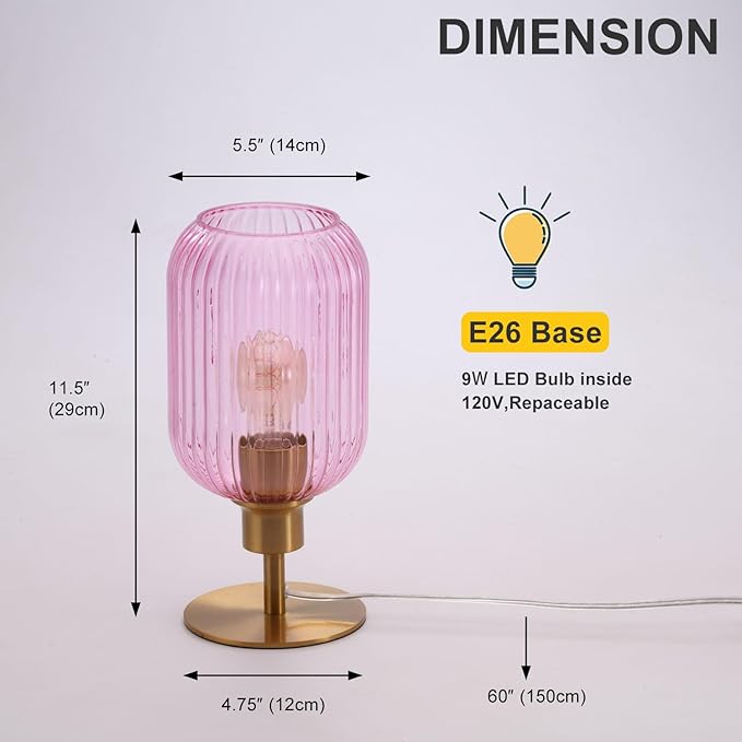 Mid Century Glass Table Lamp,Dimmable Desk Lamp,LED Bulb Included,Timer Build-in,Pink Ribbed Glass