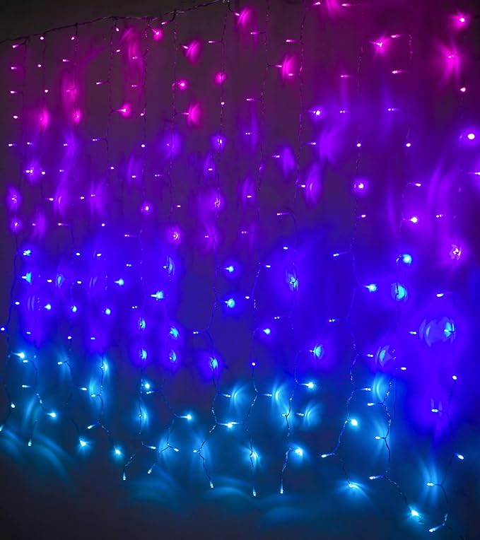 Pink Purple & Blue Ombre LED Curtain Lights with Remote, Rainbow Waterfall String Lights Ombre Hanging Fairy Mermaid Light for Teen Room, Girls Room, Mernaid, Bedroom, Birthday, Cute Easter Décor