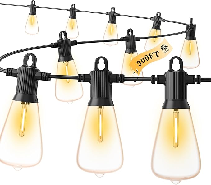 FOOMAN LED Outdoor String Lights, 300FT Outside Waterproof Patio Lights with 146+3 Shatterproof ST38 Edison Bulbs, 2700K Warm White Hanging Light, Dimmable Light for Backyard Porch Gazebo(150FT x 2)
