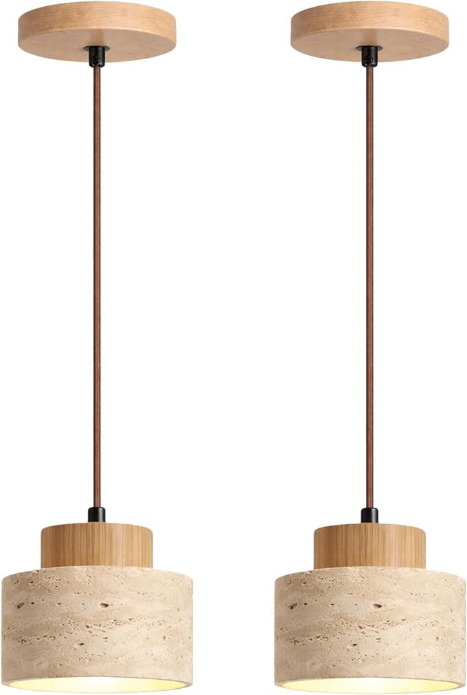 Wabi Sabi Natural Stone and Wood Pendant Light,4.7Inch Small Hanging Pendant Lamp,Modern Vintage Rustic Minimalist Fixture for Bedroom, Dining Room, Kitchen Island, Cafe, Hallway (Wood Color, PCS, 2)