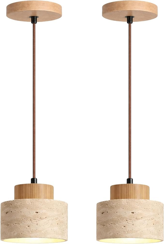 Wabi Sabi Natural Stone and Wood Pendant Light,4.7Inch Small Hanging Pendant Lamp,Modern Vintage Rustic Minimalist Fixture for Bedroom, Dining Room, Kitchen Island, Cafe, Hallway (Wood Color, PCS, 2)