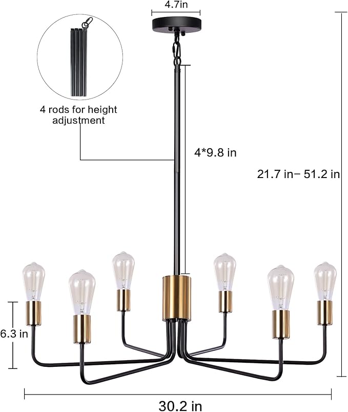 ETONIMERR Black Gold Chandelier Light Fixture 6-Light, Modern Chandelier for Dining Room Light Fixture Industrial Pendant Light for Kitchen Island Living Room Bedroom Foyer