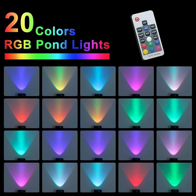 PChero Submersible LED Pond Lights with Timer, RGB Color Changing Underwater Light, IP68 Waterproof Spotlights Fountain Lights for Pool, Fish Tank, Garden, Yards, Waterfall (4 Lights)