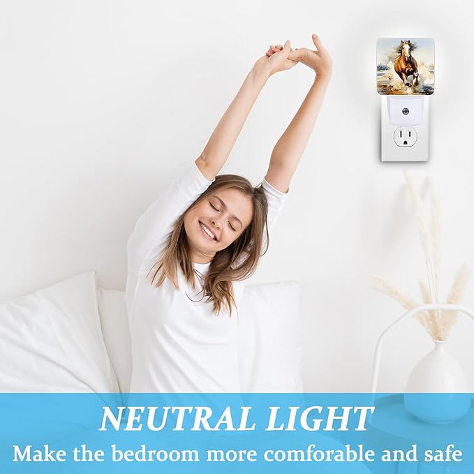 Watercolor Horse Night Light, Plug-into Wall Wild Farm Animal Nightlight Lamp with Dusk to Dawn Sensor, Led Lamp 0.5W Energy Efficient for Boys Girls Adults Home Decor