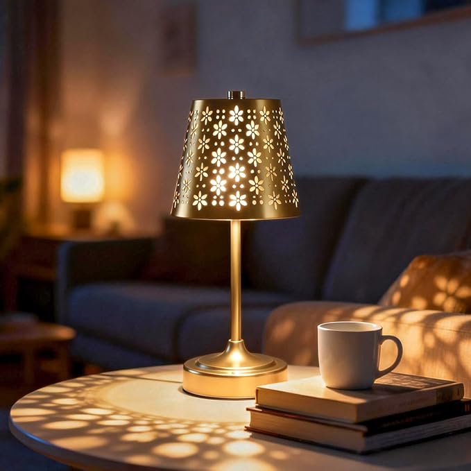 Rechargeable Cordless Table Lamp, Touch Control Battery Powered Bedside Lamp with Floral Cutout Shade, 3 Color Stepless Dimmable Decorative Nightstand Lamp for Bedroom (Gold)