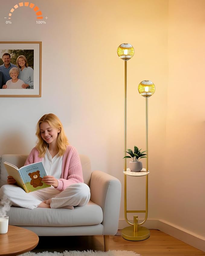 Lightdot Glass Floor Lamp with Tray, 2Pcs 3000K Warm White Bulbs Included, Mid Century Modern Standing Lamps, Gold Dimmable Globe Floor Lamp for Living Room/Wedding/Party//Sofa Beside/Corner Decor