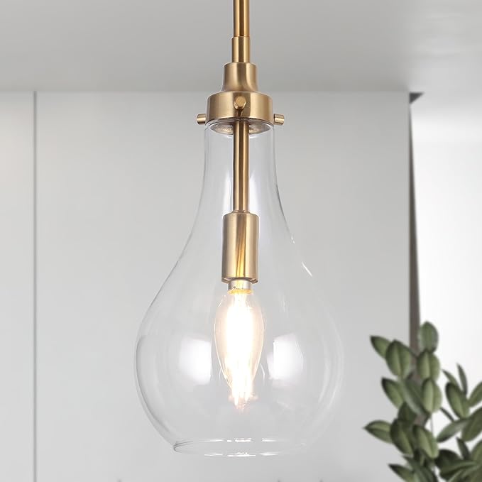 KSANA Gold Pendant Light, Modern Brass Hanging Light Fixture with Clear Glass Teardrop Shade, Adjustable Ceiling Light for Kitchen Island, Dining Room, Foyer, or Bedroom