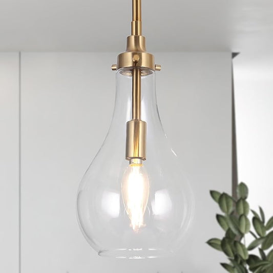 KSANA Gold Pendant Light, Modern Brass Hanging Light Fixture with Clear Glass Teardrop Shade, Adjustable Ceiling Light for Kitchen Island, Dining Room, Foyer, or Bedroom