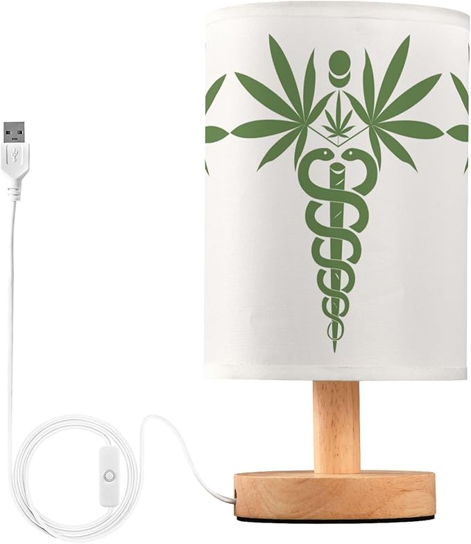 Marijuana Cannabis Hemp Leaf Green Snake Medical Symbol Icon Table Lamp with Wood Base Fabric Lamp Shade Bedside Nightstand Desk Lamp for Living Room Bedroom Kids Room Office