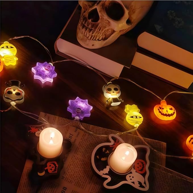 Halloween String Lights 9.8FT 20 LED Battery Powered Outdoor Decor, Cute Pumpkin Mummy Spider Skull Designs, 2 Lighting Modes for Indoor Window Yard Party Decoration (Style B)