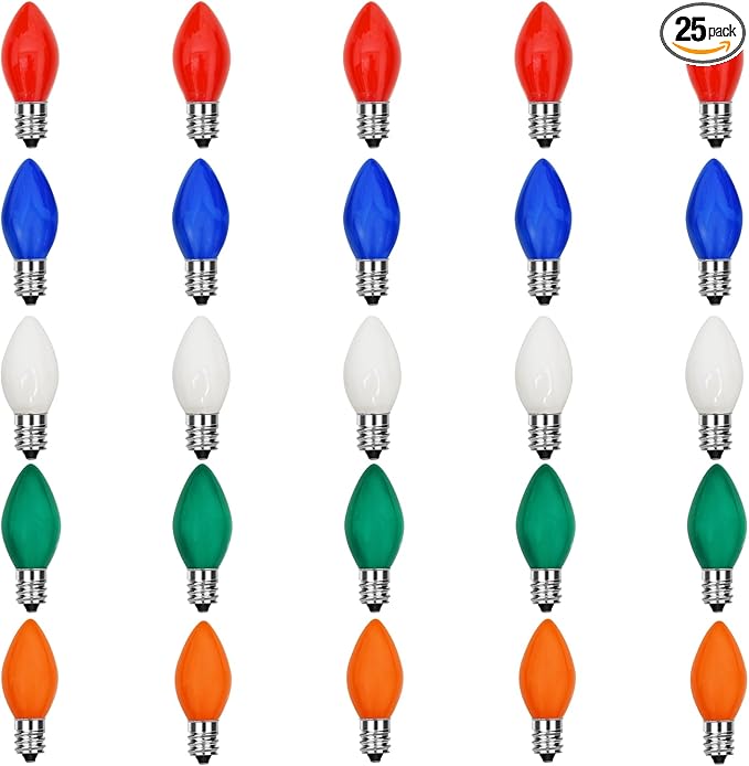 25 Pack C7 LED Multicolor Replacement Bulbs, Christmas Multicolor Ceramic LED Light Bulbs Vintage Light Bulbs for Christmas Indoor Outdoor String Lights, E12/C7 Candelabra Base, 0.6 Watt