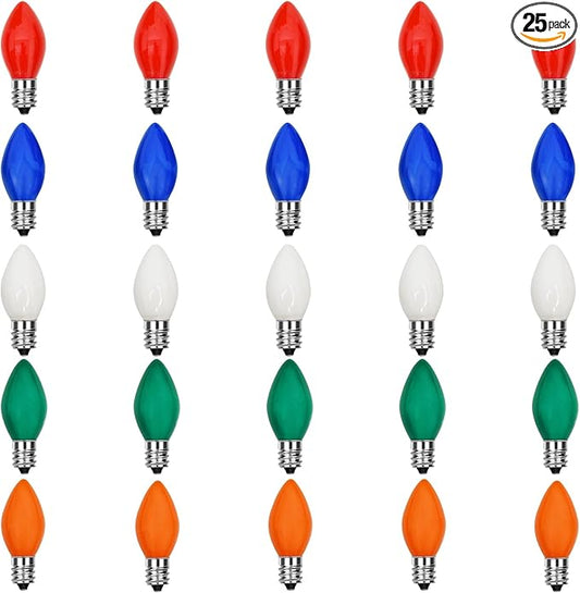 25 Pack C7 LED Multicolor Replacement Bulbs, Christmas Multicolor Ceramic LED Light Bulbs Vintage Light Bulbs for Christmas Indoor Outdoor String Lights, E12/C7 Candelabra Base, 0.6 Watt