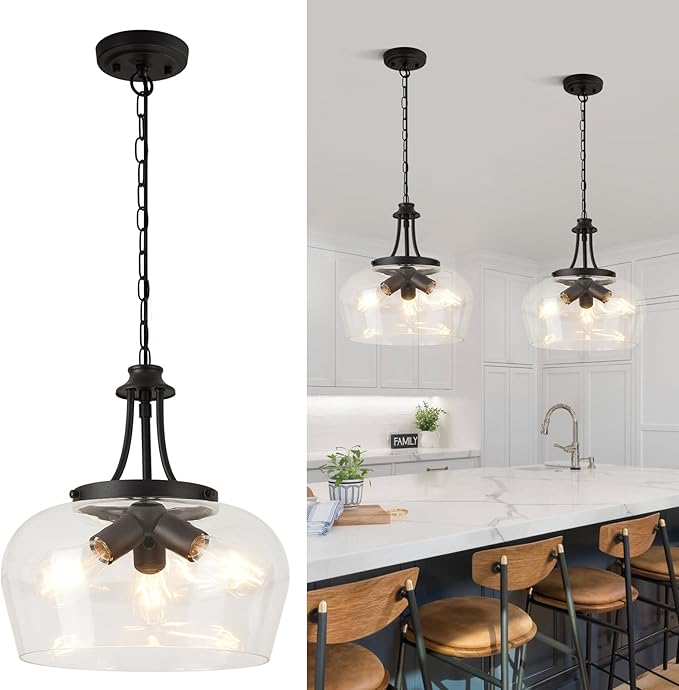 14.2" Modern Pendant Lights Kitchen Island, 3-Light Matte Black Pendant Light Fixtures with Clear Glass Shade, Industrial Hanging Pendant Lights Fixture for Kitchen Island Dining Room Bedroom Entryway