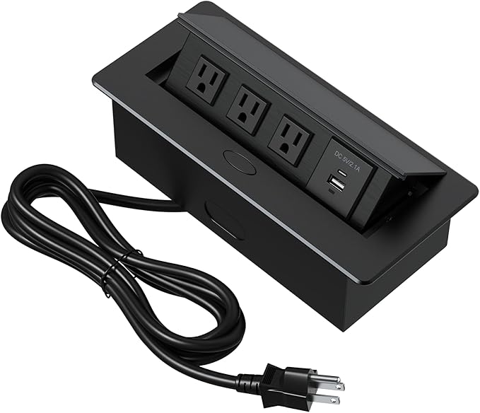 KYHSHJ Connection Box Desktop Pop Up Outlet with 3 * 15A Receptacle，2.1A 1 USB-A Ports &1 USB-C Port，Corrosive Resistant Hardware,Black