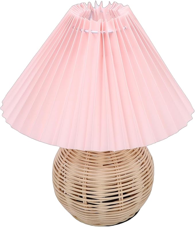 Hyuduo Pleated Table Lamp, Soft Yellow Light with Linen Lampshade and Rattan Base Bedside Lamp for Bedroom Nightstand, 10 Inch Shade 15 Inch Height Warm Glow Accent Light, Ideal for (Pink)