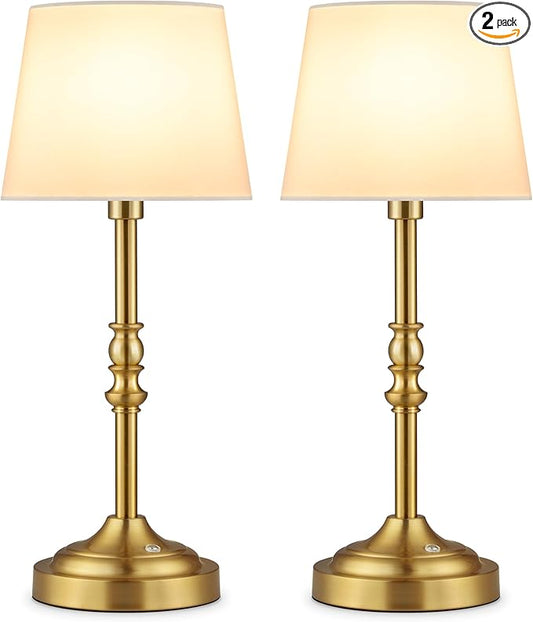 GGOYING Set of 2 Rechargeable Cordless LED Table Lamps, 4-Level Dimmer, Bronze Portable Desk Lamps with White Fabric Shades, Night Light for Dining, Bedroom and Patio