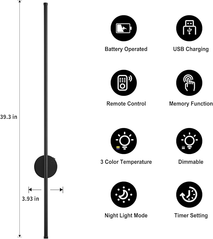 Motion Sensor Battery Operated Wall Sconce Set of Two - Modern Rechargeable Wireless Wall Lights with Remote Control, Dimmable, 3000K/4000K/6000K, Timer for Living Room, Hallway, Black, 39.3 Inch