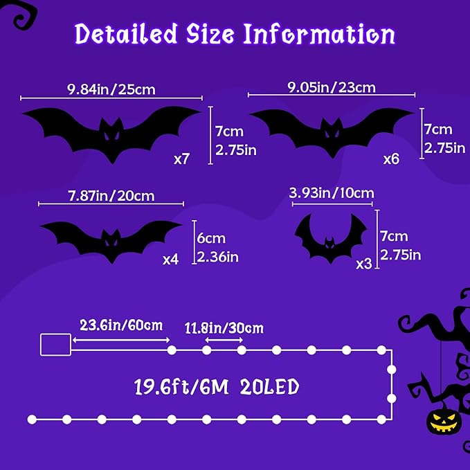 Halloween Bats Fairy Lights Wall Decor, 20 Packs Lighted Bats Stickers with Timer Halloween Party Wall Window Indoor Home Decorations