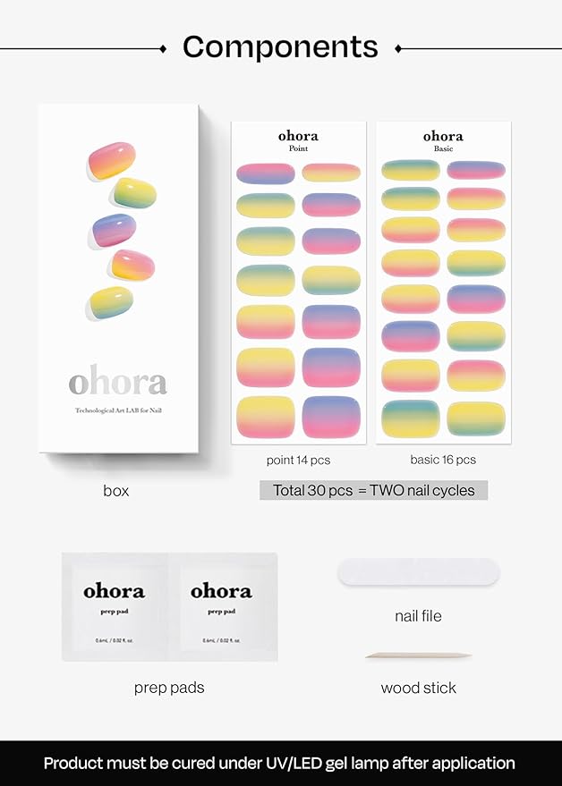 ohora Semi Cured Gel Nail Strips (N Pastel) - Yellow, Ombre, Works with Any UV/LED Lamps, Salon-Quality, Long Lasting, Easy to Apply & Remove - Includes 2 Prep Pads, Nail File & Wooden Stick