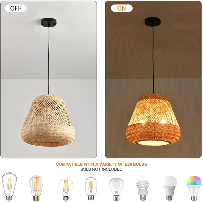 2-Light Rattan Pendant Light,Handmade Rattan Woven Wicker Boho Chandelier Light Fixture Kitchen Island Bedroom Living Room Dining Room Farmhouse Adjustable Height