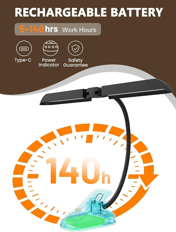 Vekkia 96 Led Rechargeable Music Stand Light - Folding Clip On Piano Lamp, Portable Professional with 5 Brightness×3 Color Temperature for Grand Piano and Book Reading