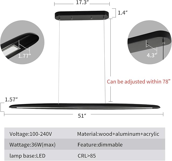 51" Wood Linear Pendant Light Black Linear Pendant Dinning Room Hanging Lights LED Dimmable Chandeliers 36w for Dining Room Pool Table Lights Kitchen Island Light Black
