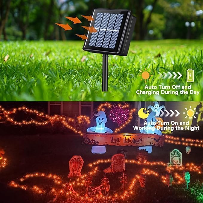 QITONG 4 Pack Orange Solar Christmas Lights, Each 33ft 100 LED Thanksgiving Fairy Lights Outdoor Waterproof, 8 Modes Copper Wire Mini String Lights
