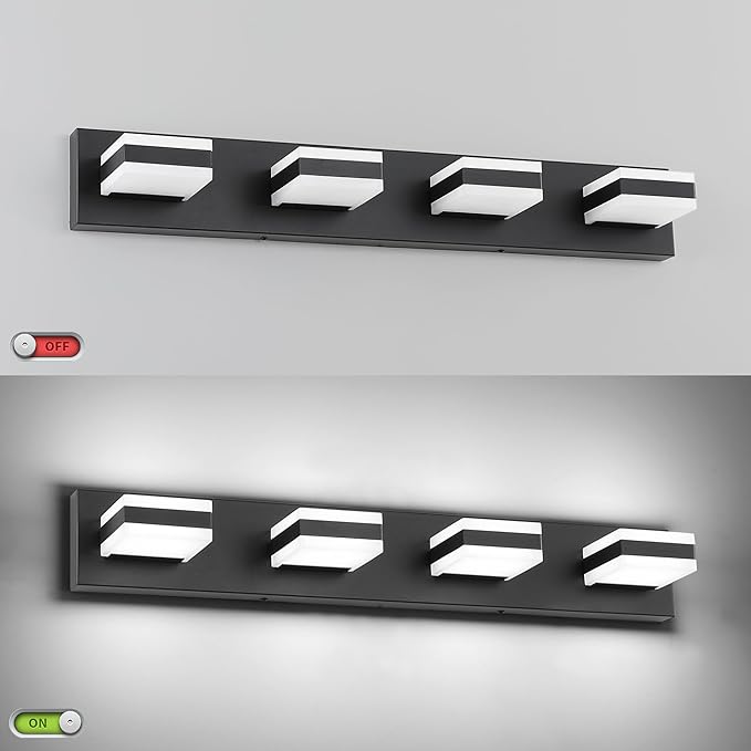SOLFART Black Bathroom Light Fixtures, 4 Lights Bathroom LED Light, LED Dimmable Vanity Lights Cool White 6000K & 0%-100% Brightness Dimmable