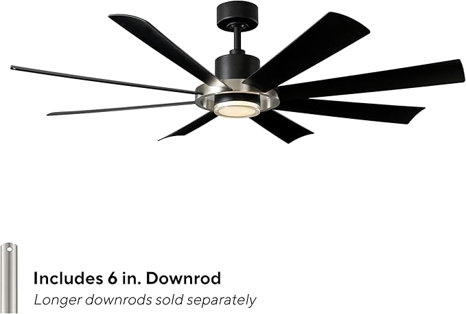 Modern Forms Aura Indoor and Outdoor 8-Blade 60in Smart Ceiling Fan in Matte Black Brushed Nickel Ring with 2700K-3000K-4000K-5000K Selectable LED Light Kit and Remote Control works App