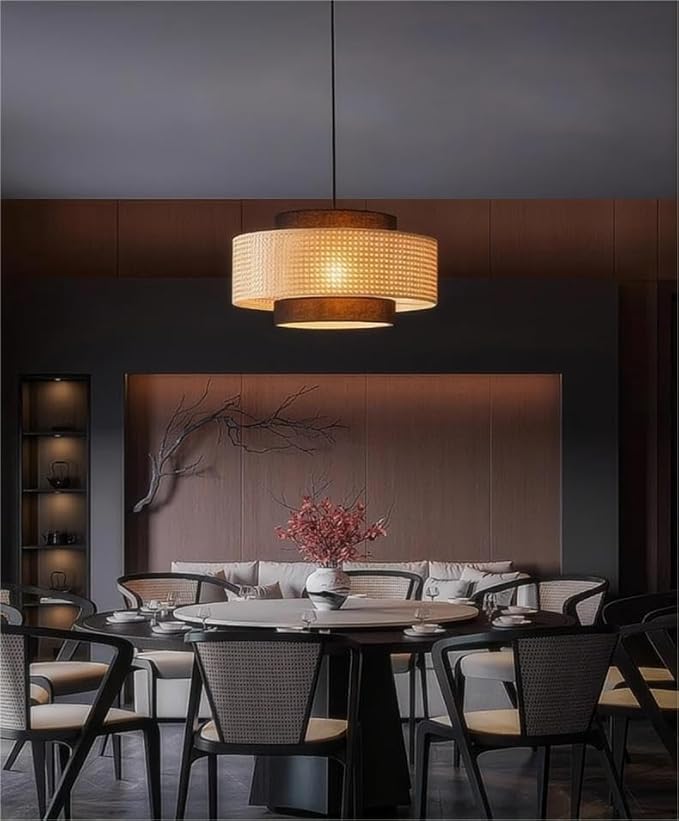 LIGHTLAND Rattan Farmhouse Pendant Light Fixture, Hand Woven Dining Room Pendant Light with Fabric Shade, Rustic Pendant Hanging Light Fixture for Kitchen Island, 16''