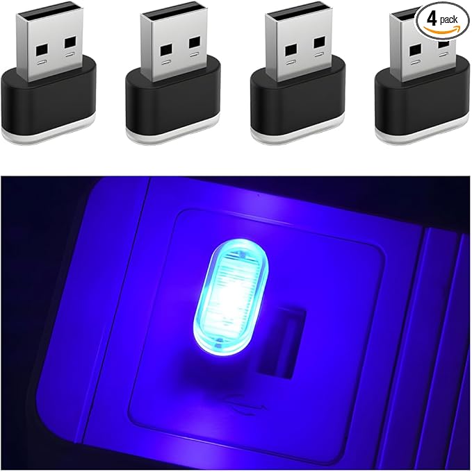 4PCS USB LED Car Interior Atmosphere Lamp, Portable Plug-in Mini Vehicle Night Light, Automotive Trunk Ambient Lighting Decoration Kit, Universal for SUV Sedan Truck (Blue)