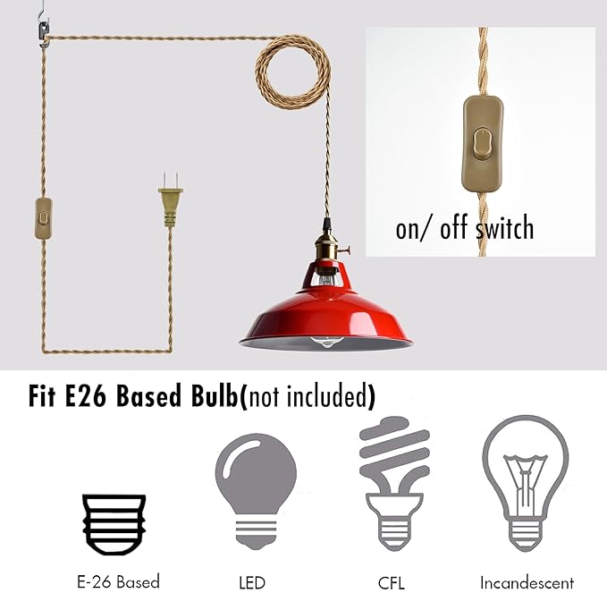 YUBOLE Plug-in Pendant Light Vintage Red Barn Shade Hanging Light Fixture Adjutable Hanging Cord with On-Off Switch Swag Lamp for Kitchen Bar Cafe Bedroom Loft