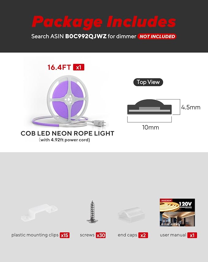 Shine Decor COB LED Rope Light AC 120V, 800lm Ultra Bright, IP65 Waterproof Cold-Resistant ETL Neon Strip, No Driver Tape Lighting for Home Commercial 10x4.5mm, Purple, 16.4ft