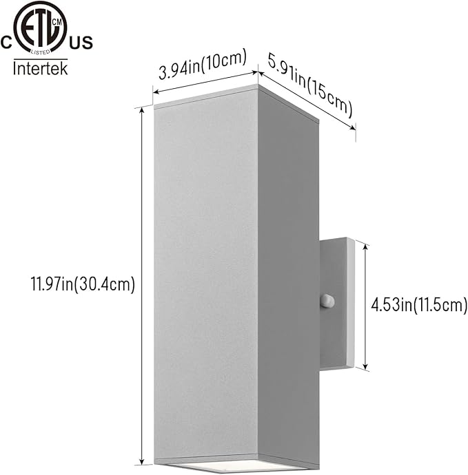 mirrea Modern Outdoor Porch Light Patio Light in 2 Lights with Aluminum Rectangular Tube and Tempered Glass Cover Waterproof Wall Sconce 2 Pack (Matte Gray)