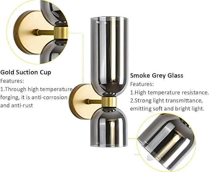 Mid Century Modern Wall Sconce, Gold Wall Light Set of Two 2-Light Modern Wall Lamp Smoke Grey Shade Wall Light for Restaurant Living Room Bedside Stairs Bathroom Mirror (Gold+Smoke Grey)