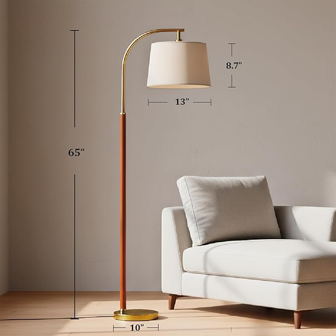 65” Walnut Gold Arc Floor Lamp for Living Room, 1200 Lumens 3-Level Brightness Mid Century Modern Floor Lamp for Bedroom, Wood Vintage Gold Standing Lamp, Adjustable Lampshade, LED Bulb Included