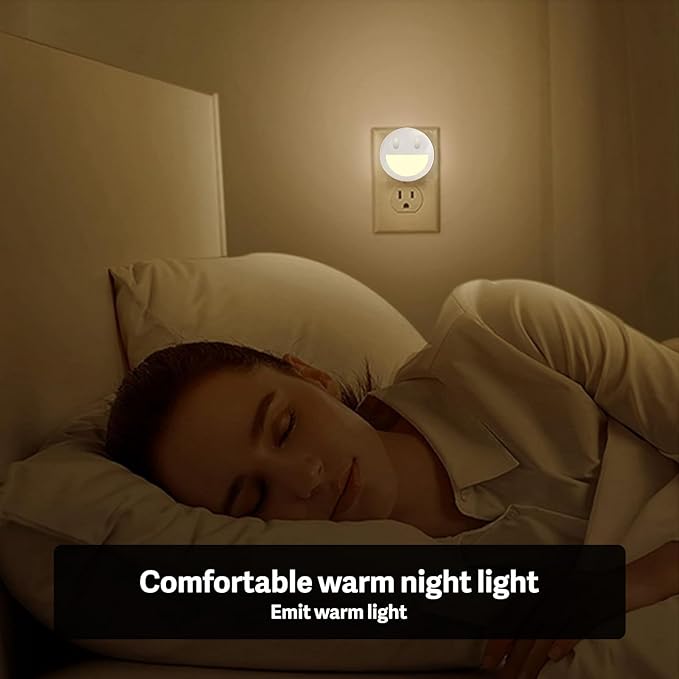 VAVOFO Plug in Night Light with Dusk to Dawn Sensor, 4 Pack Smiley Face LED Night Lights, 4800-5200K Daylight White, Energy Efficient Wall Plug Night Lamp for Bedroom, Hallway, Kids Room