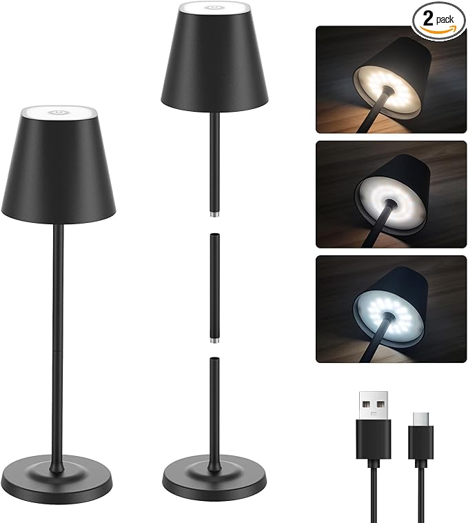 LED Cordless Table Lamp Rechargeable, 3-Height Adjustable, 5500mAh Battery Operated Lamp, 3-Color Dimming Touch Lamp, Portable Lamp for Dining, Bedroom,Camping, Outdoor, Indoor(Black 2 Pcs)