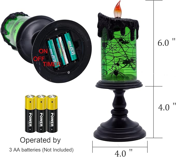 DRomance Halloween Flameless Candle Snow Globe Battery Operated with 6 Hour Timer, Green Light Spider Decal Water Tornado Lamp LED Candlestick Halloween Season Decor Gift 4 x 10 Inches