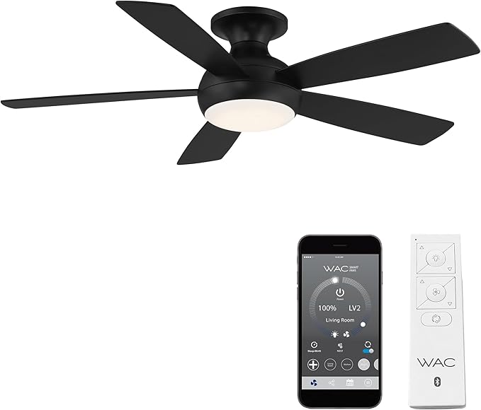 WAC Lighting F-035L-MB Odyssey Indoor or Outdoor Flushmount Smart Compatible Ceiling Fan with Remote Control 52in Blade Span Matte Black 3000K Warm White LED