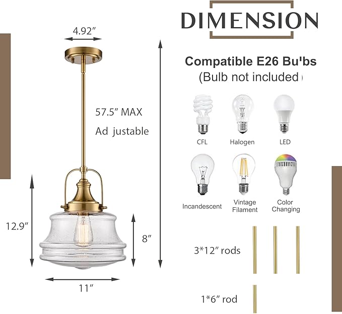 Modern Gold Kitchen Pendant Light Seeded Glass Shade-Rod Hanging Nautical Schoolhouse Dimmable Light for Dining Room Bathroom Hallway