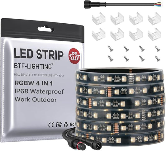 BTF-LIGHTING IP68 Waterproof Outdoor RGBW LED Strip 5050SMD RGB+Warm White(3000K-3500K) 4 Colors in 1 DC24V 16.4ft 5m 60LED/m Multi-Colored Tape Lights for Kitchen Decoration(No Adapter or Controller)