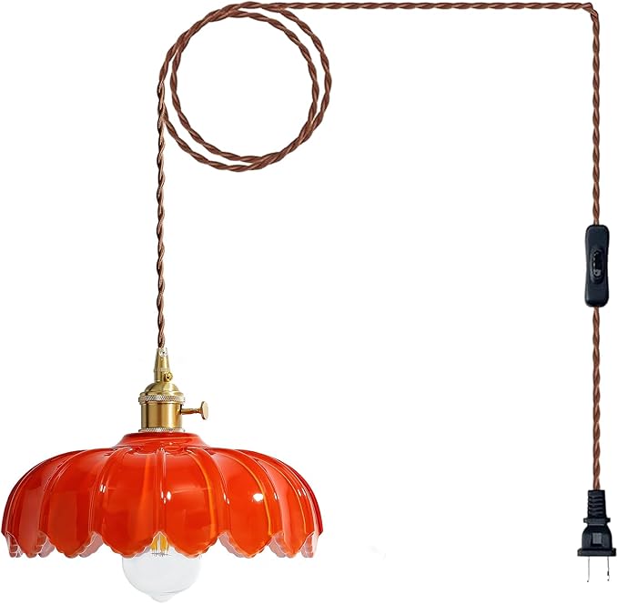 Plug in Pendant Light: Hanging Light Plug in Orange Glass Hanging Lamp, Pendant Lighting for Kitchen Island, Bedroom, Dining Room, Living Room, E26 No Bulb