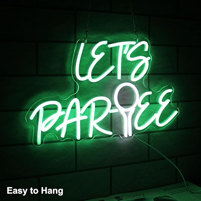 Let's Par Tee Neon Sign Golf Neon Signs for Wall Decor Green White LED Golf Ball Neon Light Dimmable Hanging Wall Sign Neon Lights Signs for Golf Club Bedroom Man Cave Party Decor