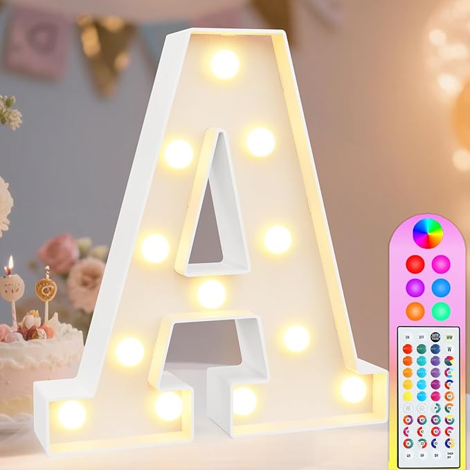 Pooqla Colorful Light Up Letters with Remote, Upgraded 35 Colors LED Marquee Letters, RGB Lighted Letter for Girls Teenager Gift, Birthday, Party, Wedding, Night Light, Room, Bedroom Decor, Letter A