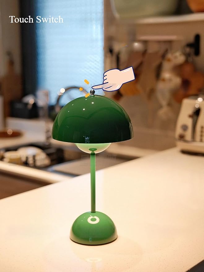 Modern Flower Bud Lamp 12" Cordless Touch Lamp Dimmable 2600mAh Rechargeable Desk Lamp Nordic Minimalist Mushroom Lamp Nightstand Bedside Lamp for Bedroom Living Room(Signal Green) No Reading Light ﻿