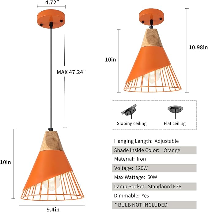 Farmhouse Pendant Light,11.8inches 2 Packs Orange Pendant Light, Kitchen Pendant Lights, Pendant Lights Kitchen Island for Living Room, Bedroom, Dinning Room
