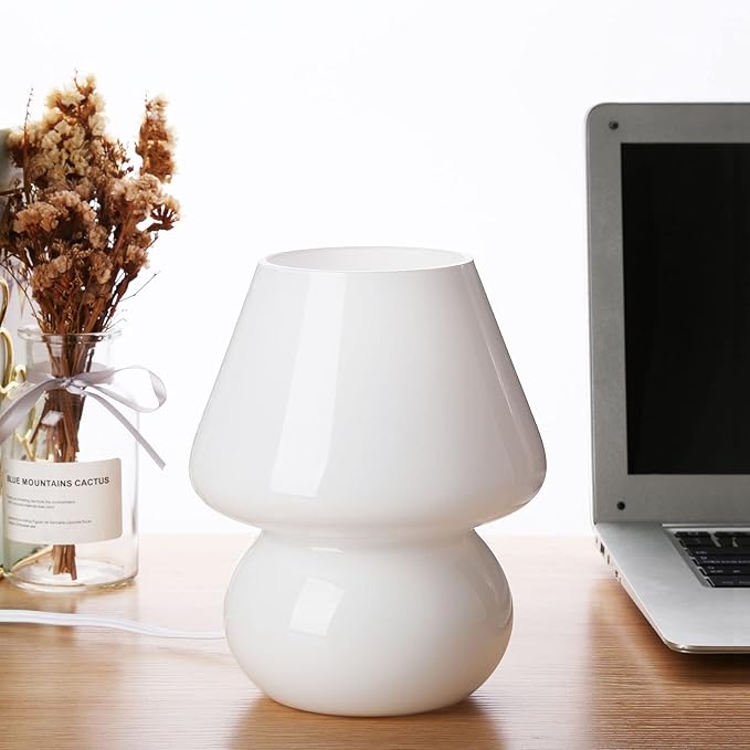 Mushroom lamp,Glass Mushroom Bedside Table Lamp Translucent Murano Vintage Style Striped Small Nightstand Desklamp Swirl Light for Home Decor, Dining, Living, Bedroom, Gift (Matte White)