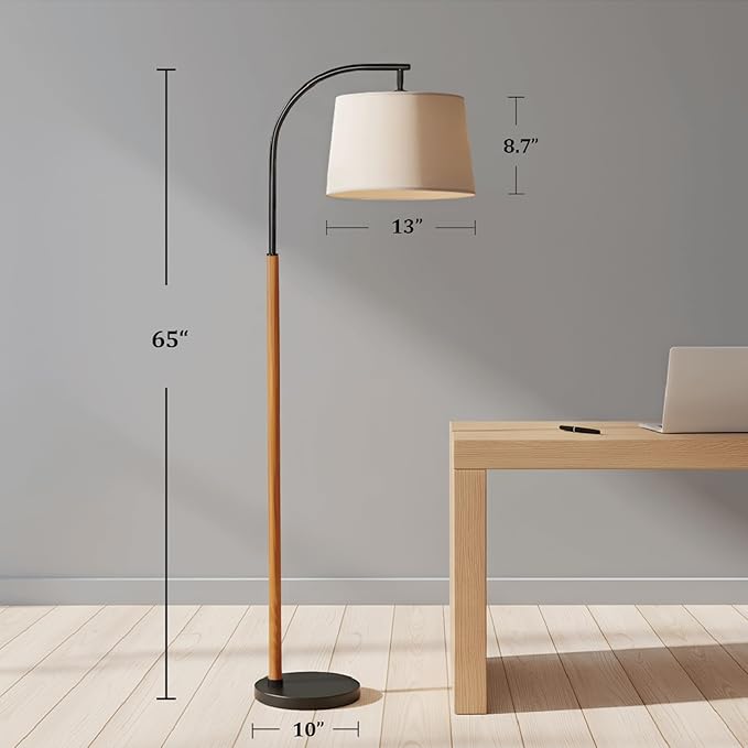 65” Brown Black Arc Floor Lamp for Living Room, 1200 Lumens 3-Level Brightness Mid Century Modern Floor Lamp for Bedroom, Wood Arc Standing Tall Lamp, Adjustable Lampshade, LED Bulb Included
