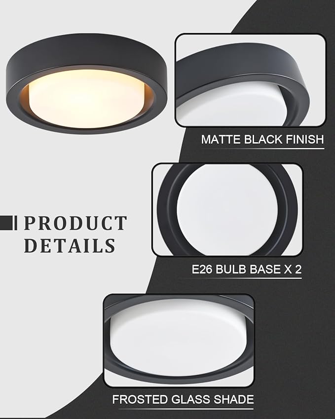 13 Inch Flush Mount Ceiling Light,Black Finish Plate with Frosted Glass Shade,Round Ceiling Lighting Fixture for Hallway Bedroom Closet Livingroom Kitchen Stairwell (Black)